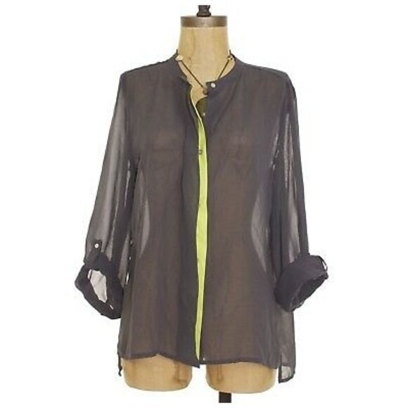 Gianetta Neon Pop Top Blouse Size PM Contrast Placket Yellow Gray NEW B44 - Picture 3 of 5